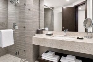 Hair dryer, bathrobes, towels, soap