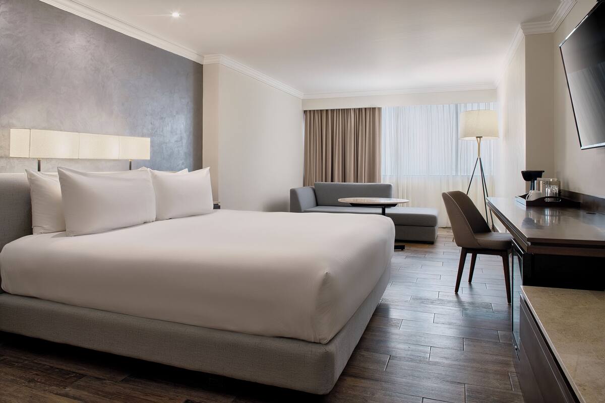 Una habitación de hotel con una cama grande, un escritorio, una silla, un sofá y un televisor.