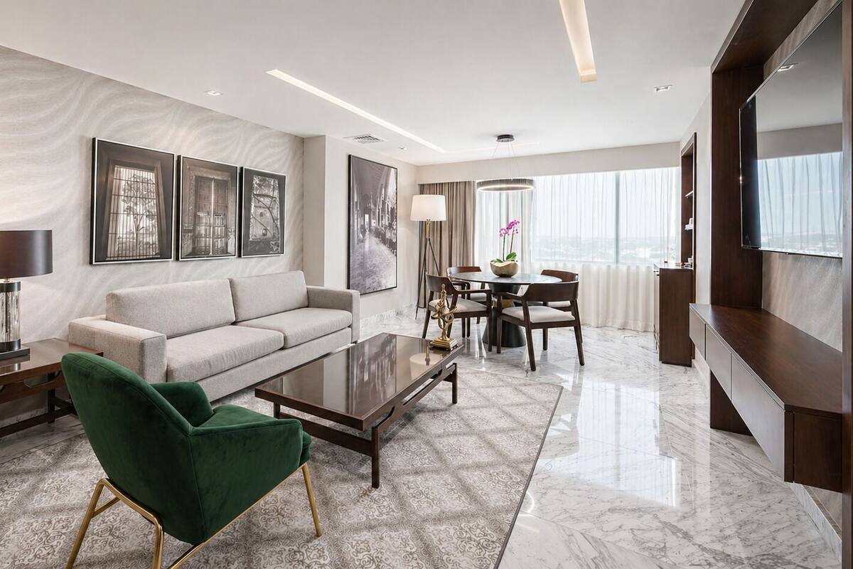 Una sala de estar moderna con sofá, mesa de centro y sillón verde. Hay un comedor con mesa y sillas, y un ventanal con cortinas.