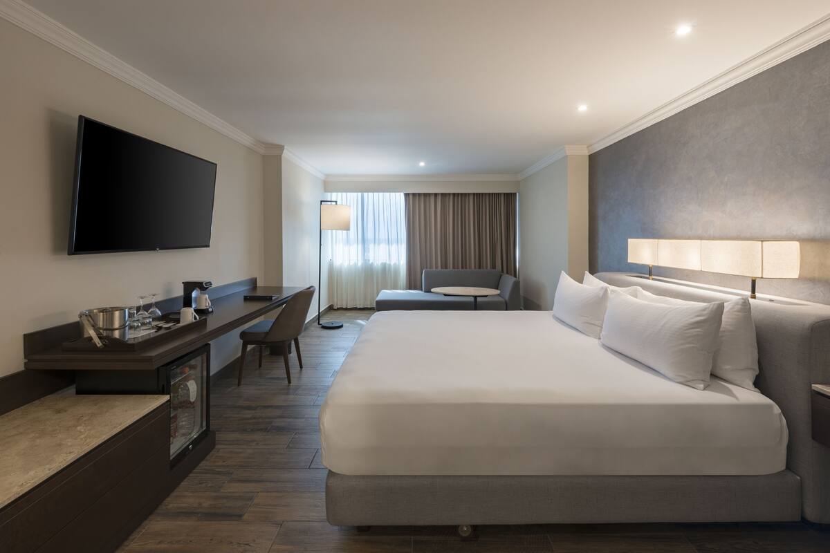 Una habitación de hotel con una cama grande, un escritorio con televisión de pantalla plana, un sofá y una lámpara.
