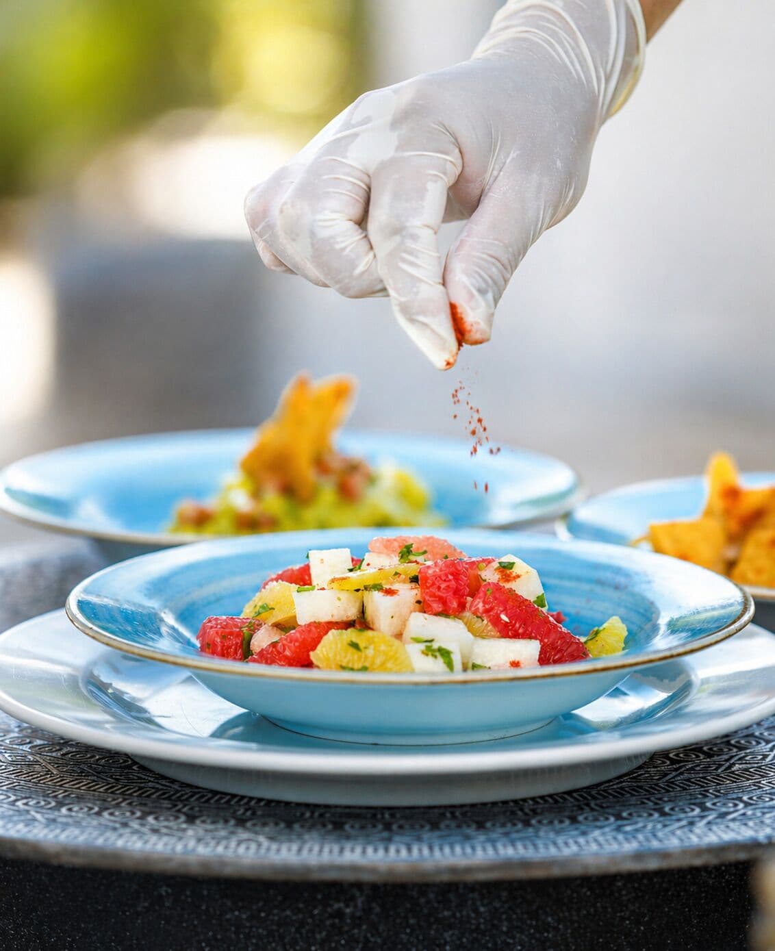 A person in a white glove seasoning a dish on a blue plate.