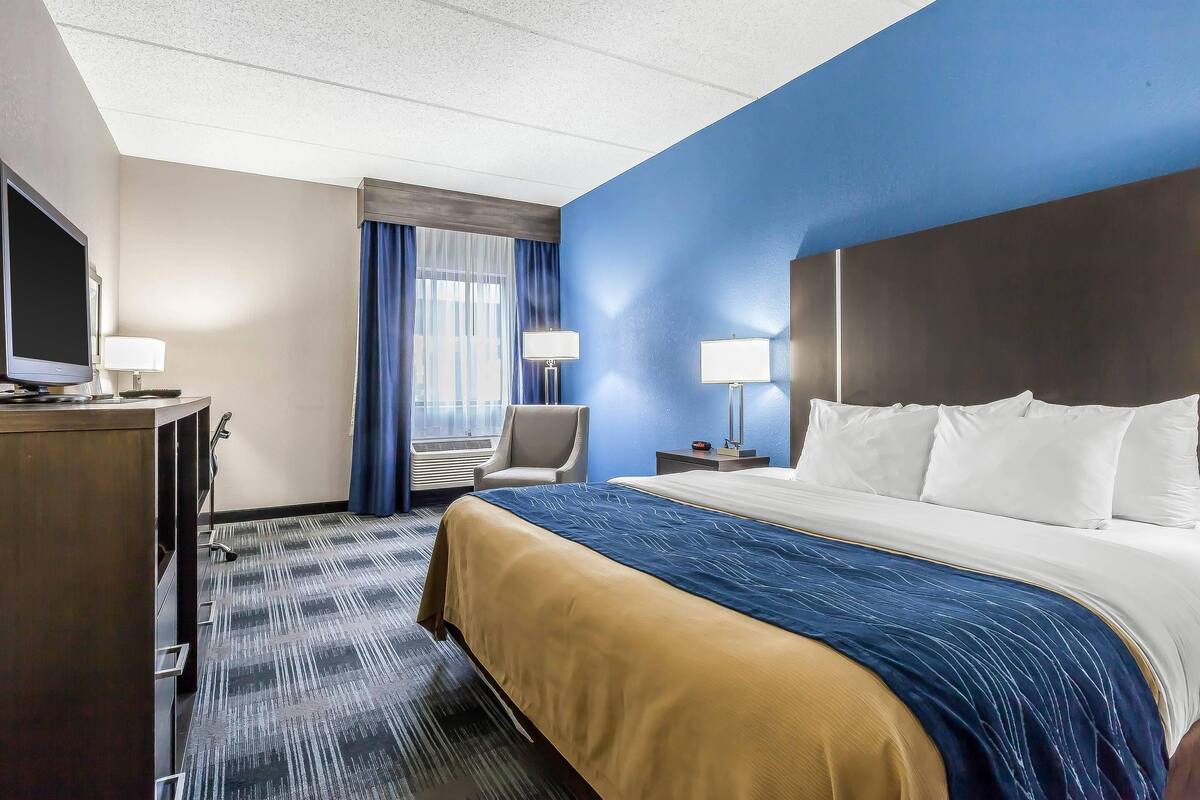A hotel room with a bed, a desk, a chair, a TV, and a window with curtains.