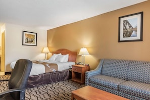 Desk, laptop workspace, blackout curtains, iron/ironing board