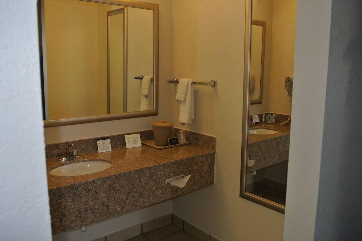 A bathroom with two sinks, a mirror, a towel rack, and a soap dispenser.