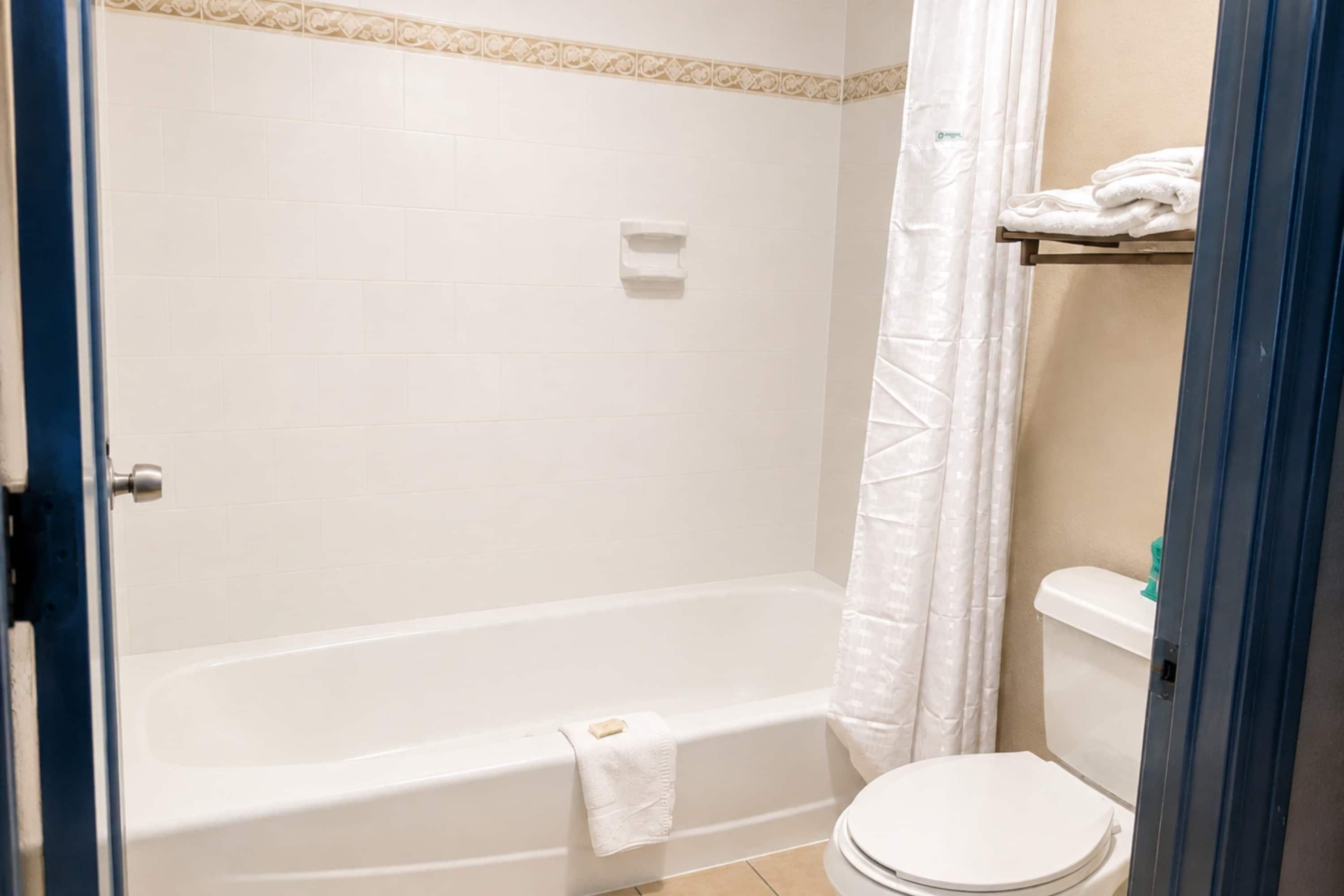 Un baño con una bañera blanca, un inodoro y una cortina de ducha.