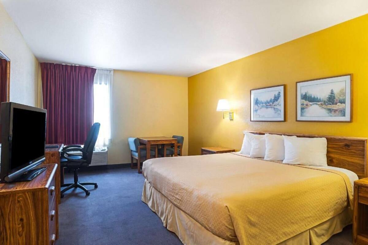 A hotel room with a bed, a desk with a computer, a TV, and two paintings on the wall.