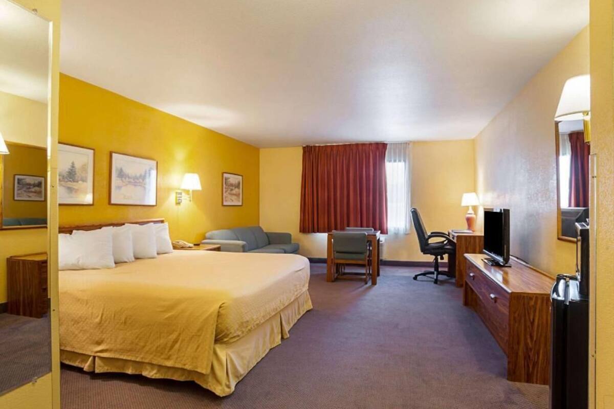 A hotel room with a large bed, a desk with a TV, a chair, and a desk lamp.