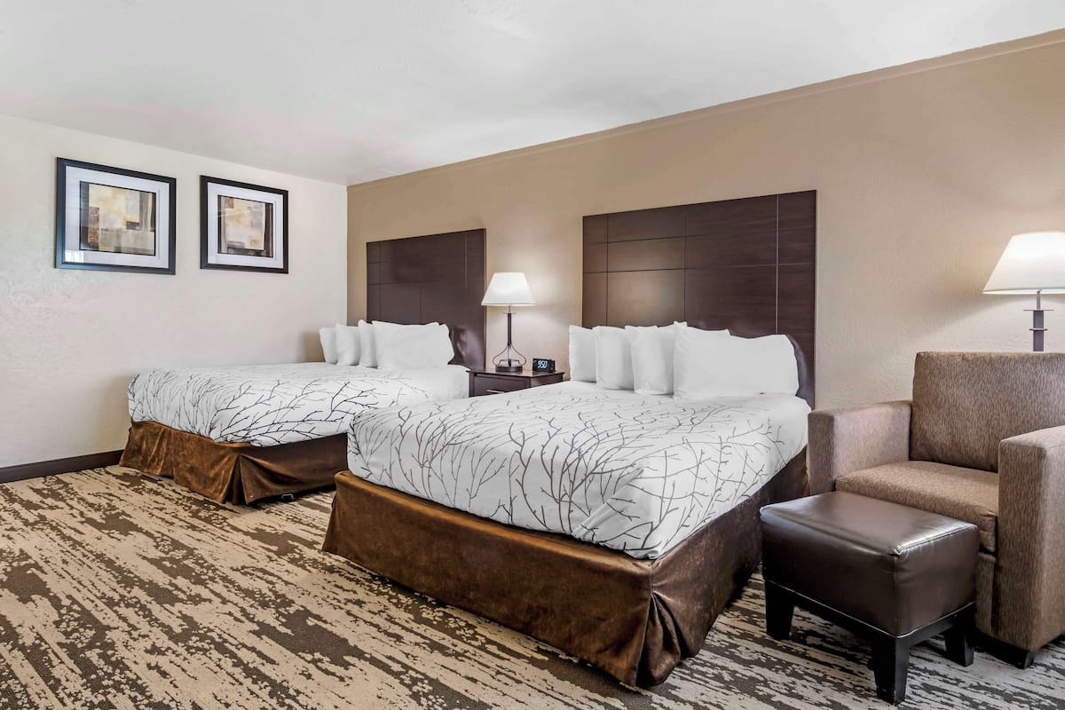 Standard Room, 2 Queen Beds, Non Smoking, Refrigerator & Microwave | In-room safe, desk, laptop workspace, blackout drapes