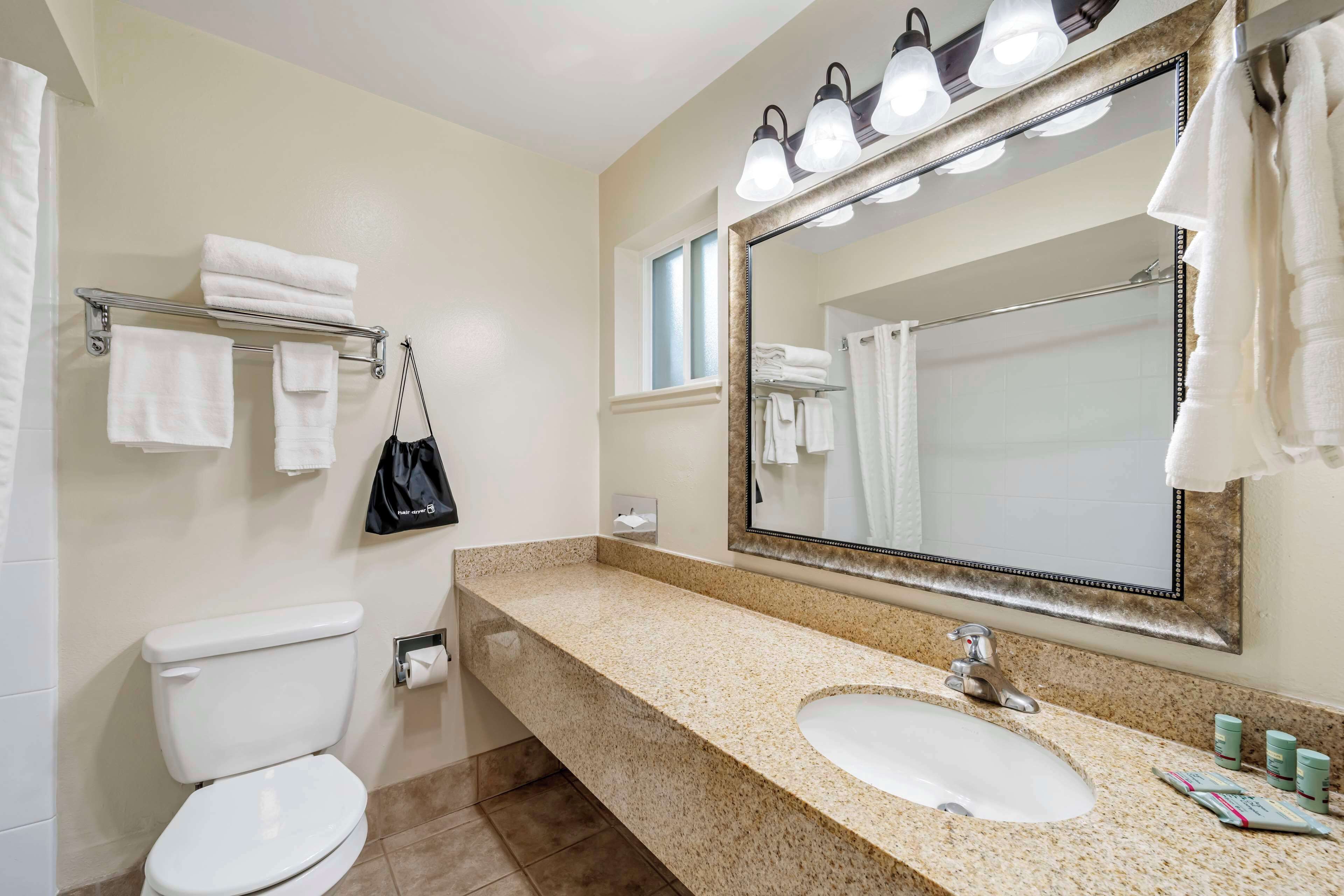 standard room, 1 king bed, non smoking, refrigerator & microwave | bathroom | combined shower/bathtub, free toiletries, hair dryer, towels