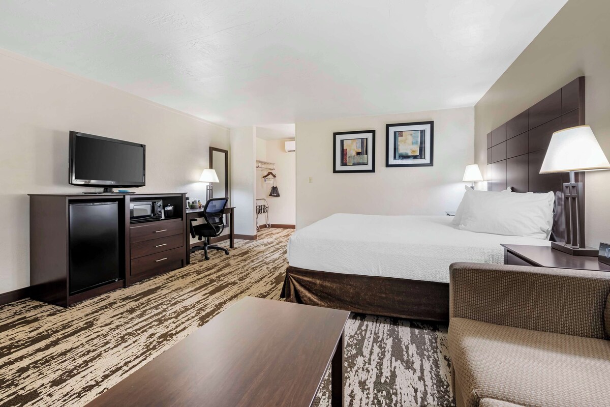 A hotel room with a bed, a desk, a television, a chair, and a lamp.