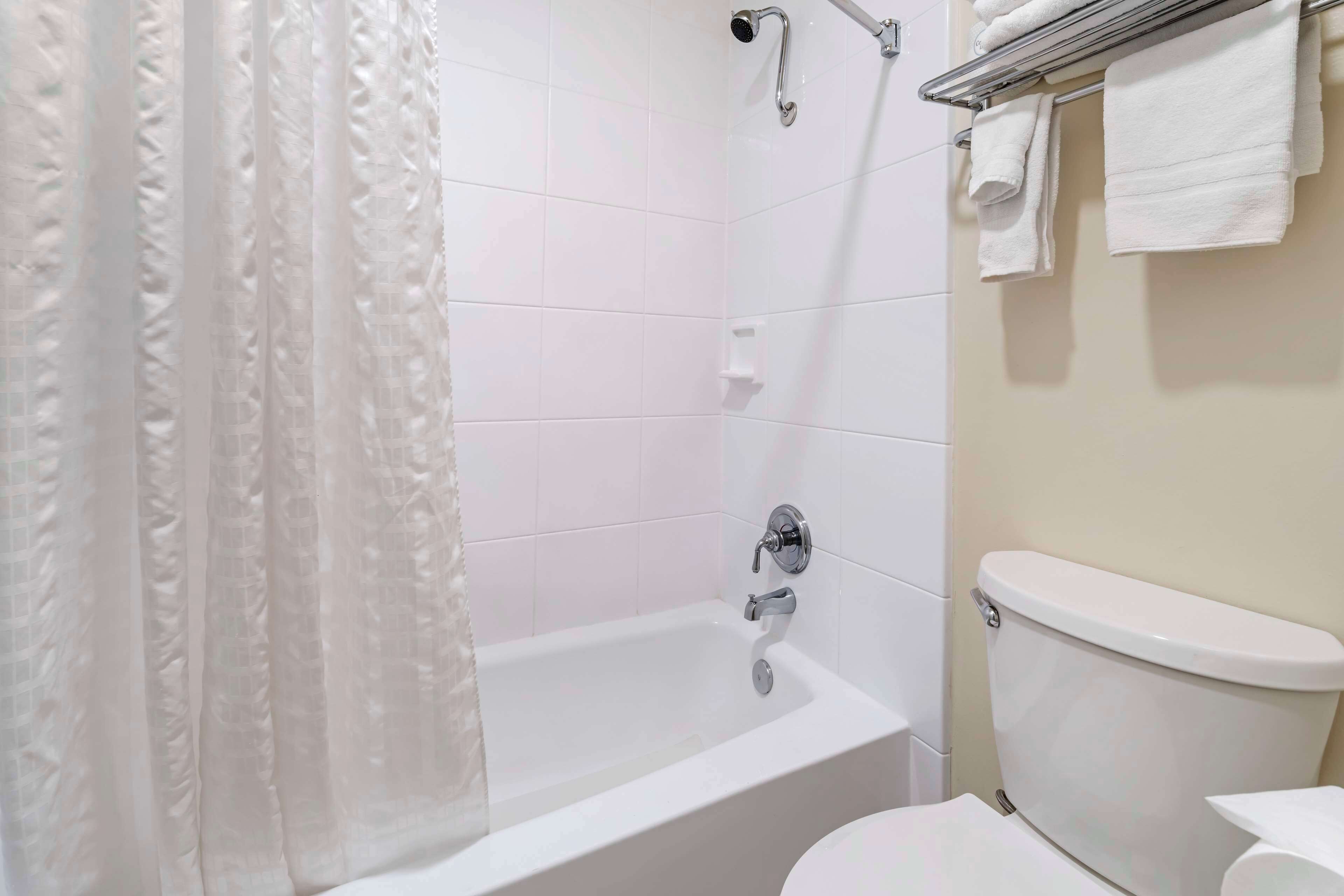 standard room, 1 king bed, non smoking, refrigerator & microwave (larger room;with sofabed) | bathroom | combined shower/bathtub, free toiletries, hair dryer, towels