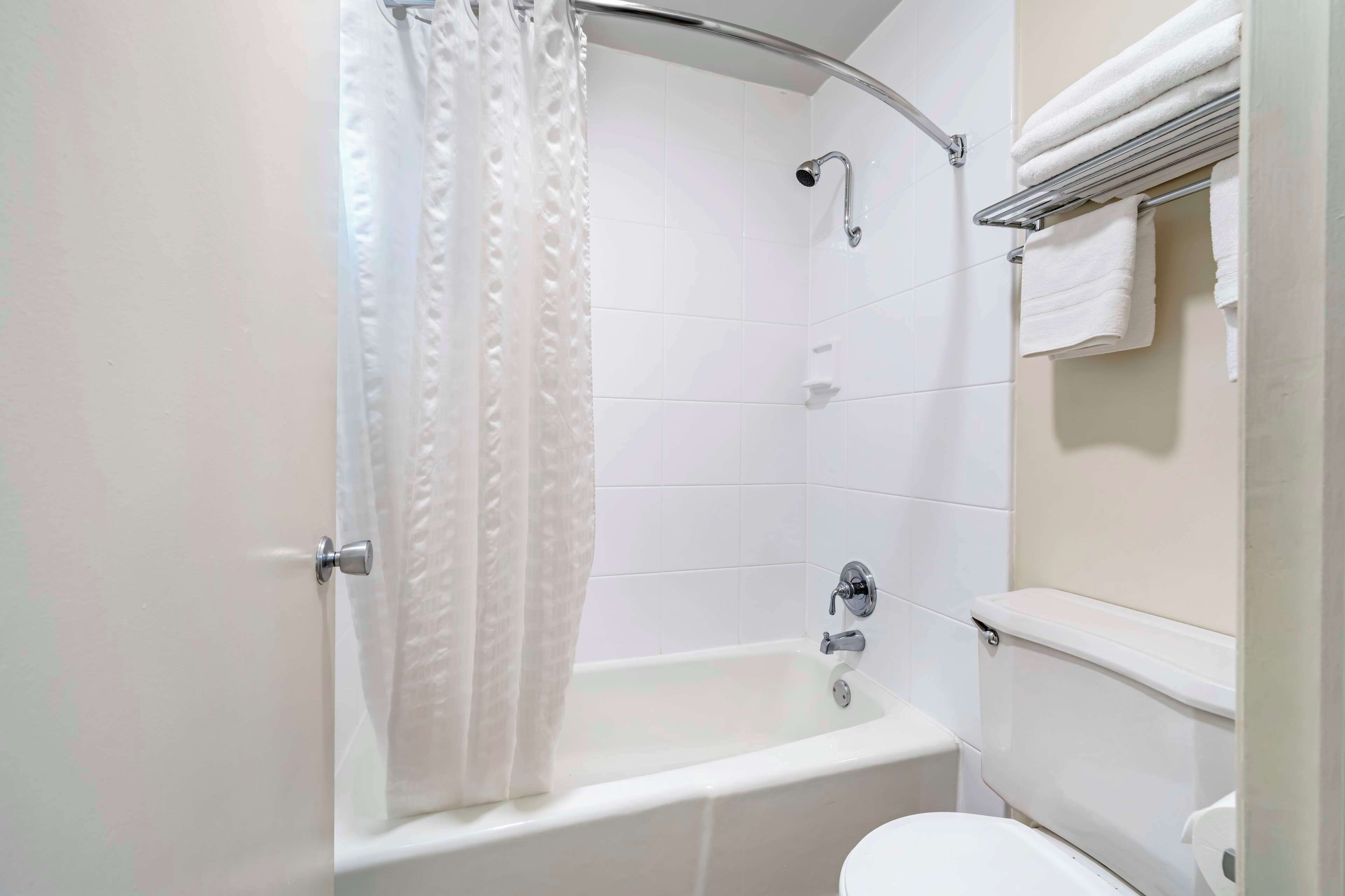 combined shower/bathtub, free toiletries, hair dryer, towels