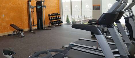 Un gimnasio con cintas de correr, una banca para pesas y un estante con mancuernas.