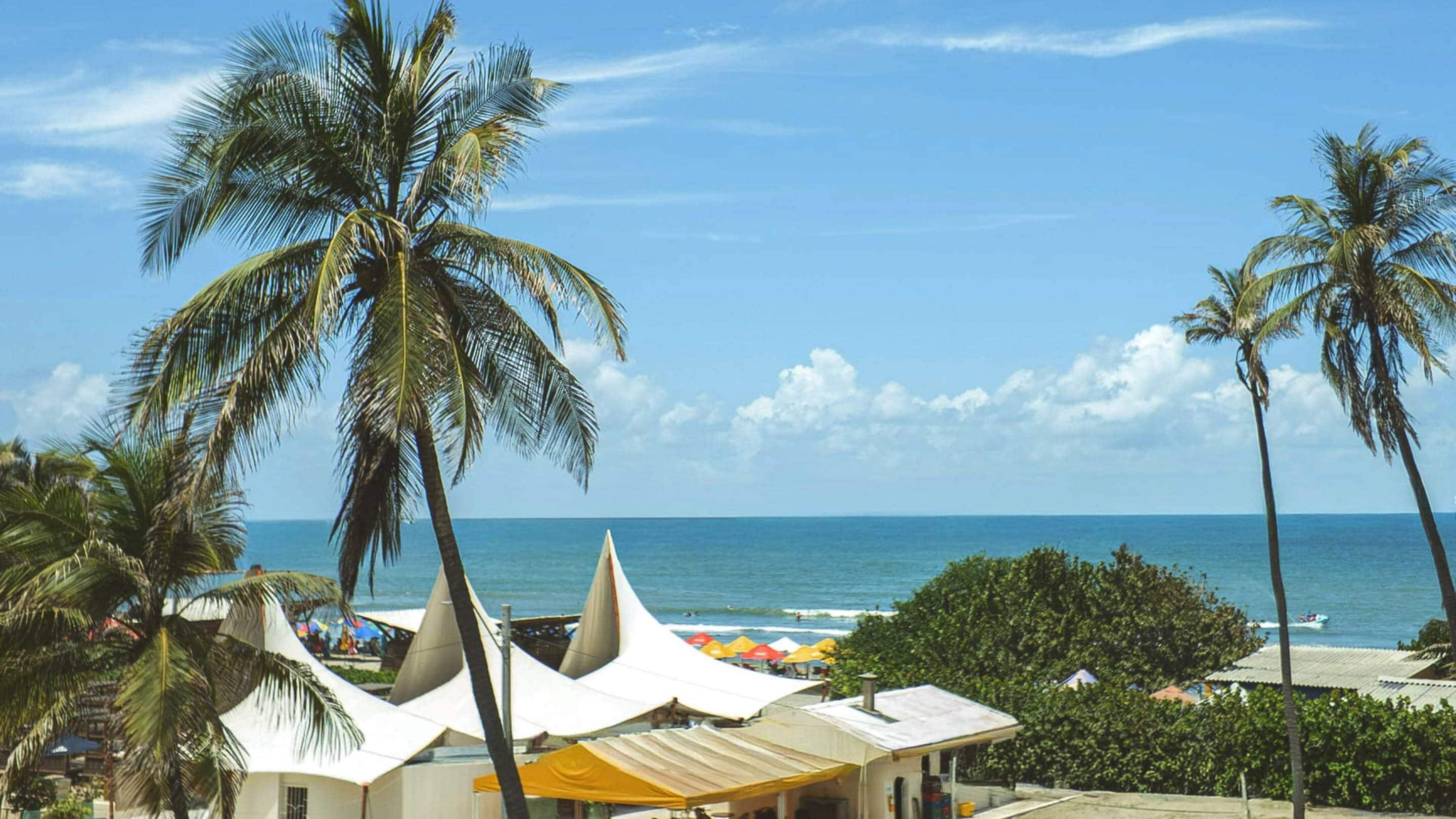 A beach view with palm trees, a clear sky, and a building with multiple tents.