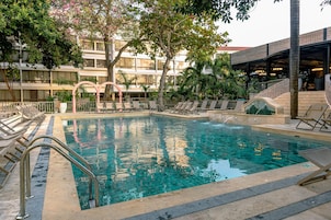 3 outdoor pools, open 8 AM to 8:00 PM, free cabanas, pool umbrellas