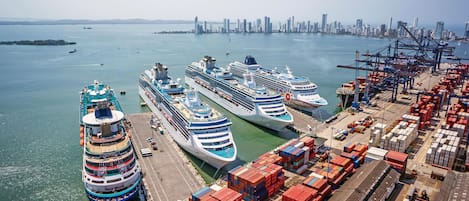 Un puerto con varios cruceros amarrados, una terminal de contenedores con mucho movimiento y un horizonte urbano al fondo.