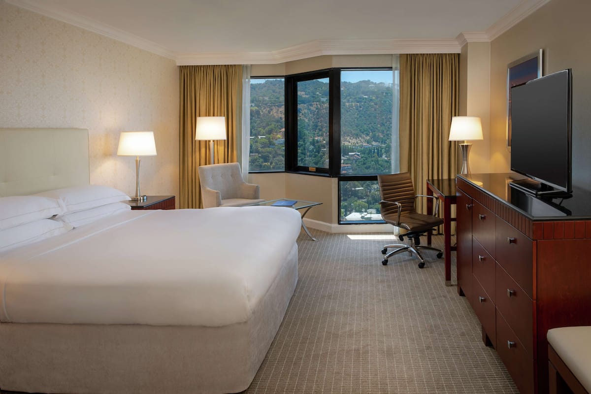 A hotel room with a large bed, two chairs, a desk, a TV, and a view of a mountainous landscape.