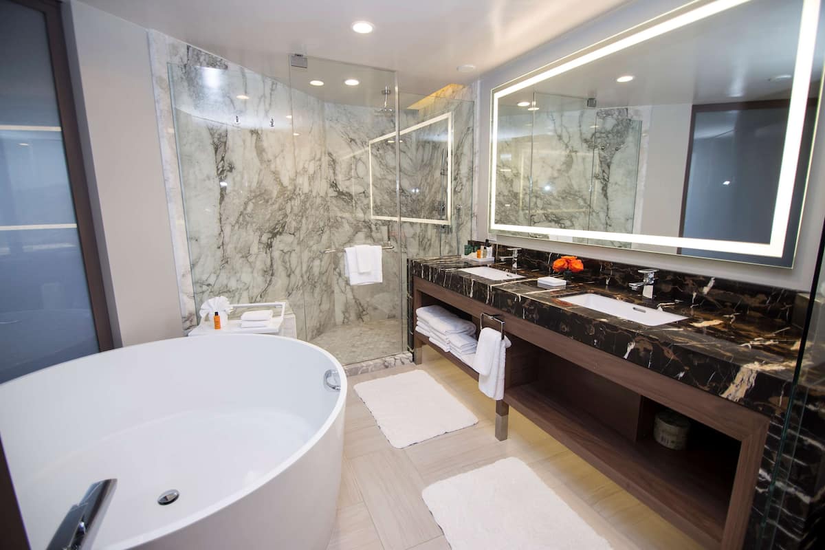 eco-friendly toiletries, hair dryer, towels