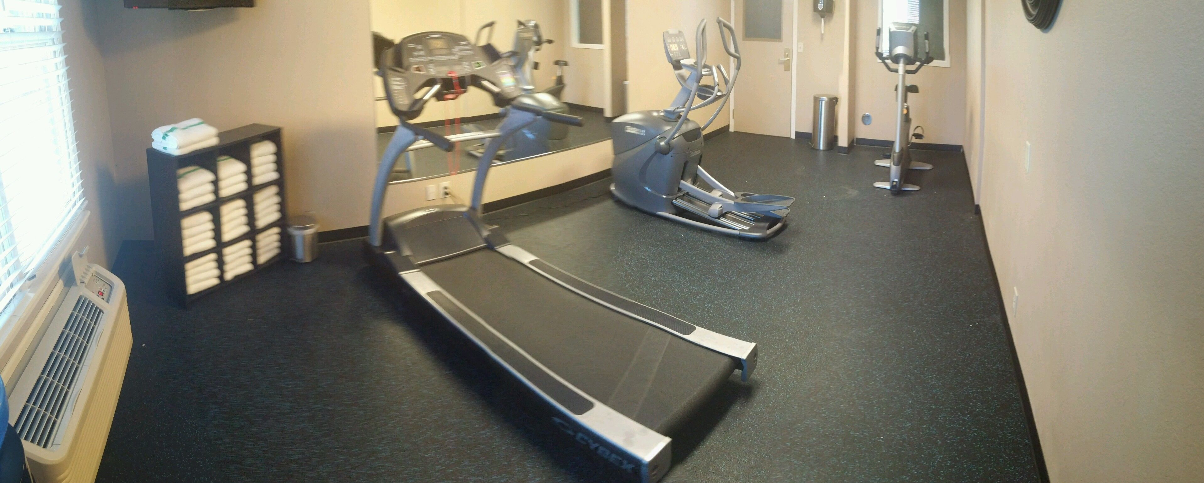 A gym with a treadmill, elliptical, and stationary bike.