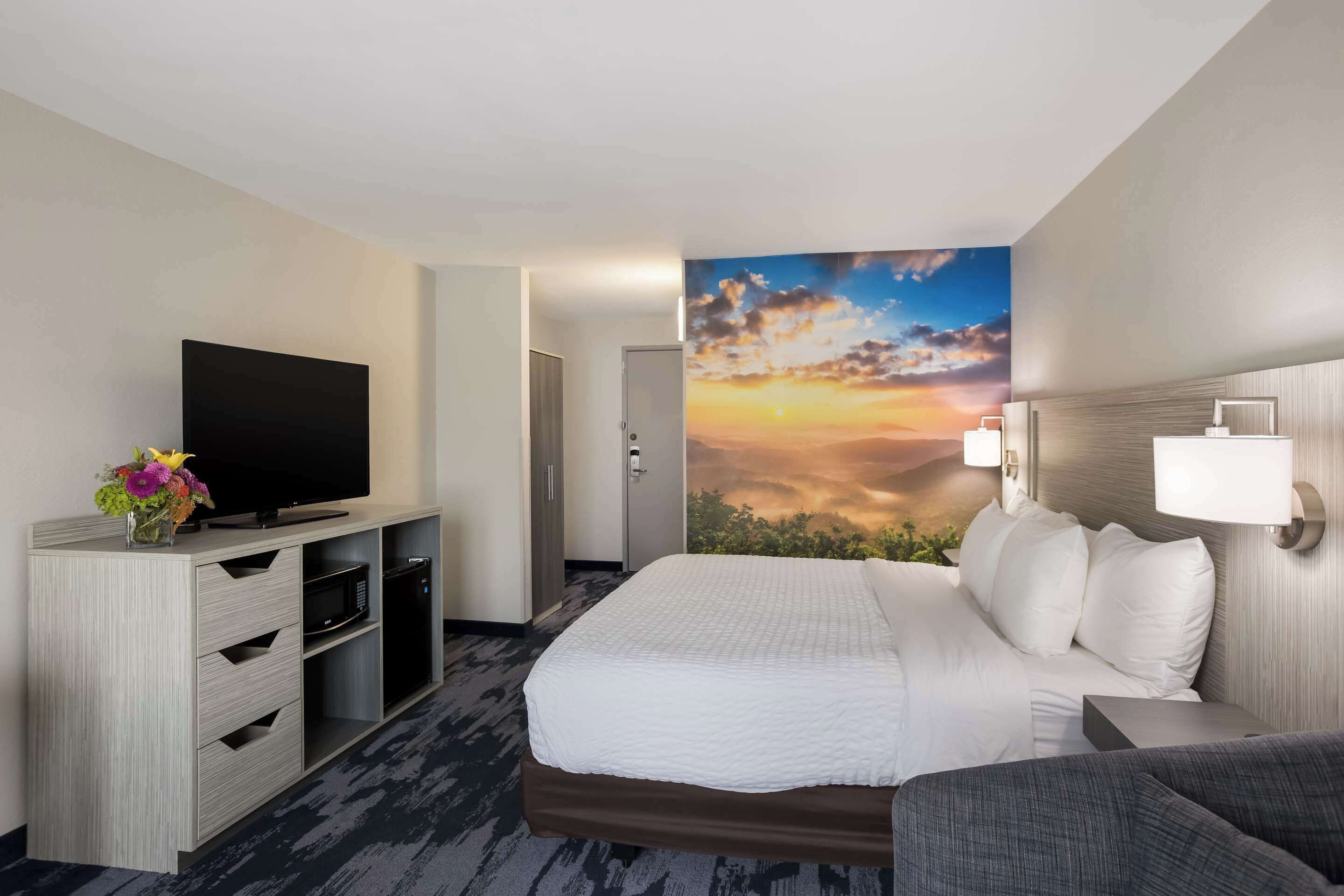 A hotel room with a bed, a TV on a wooden cabinet, a wall mural of a sunset, and a nightstand with a lamp.