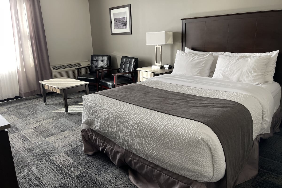 A hotel room with a large bed, a desk, two chairs, a lamp, and a framed picture on the wall.