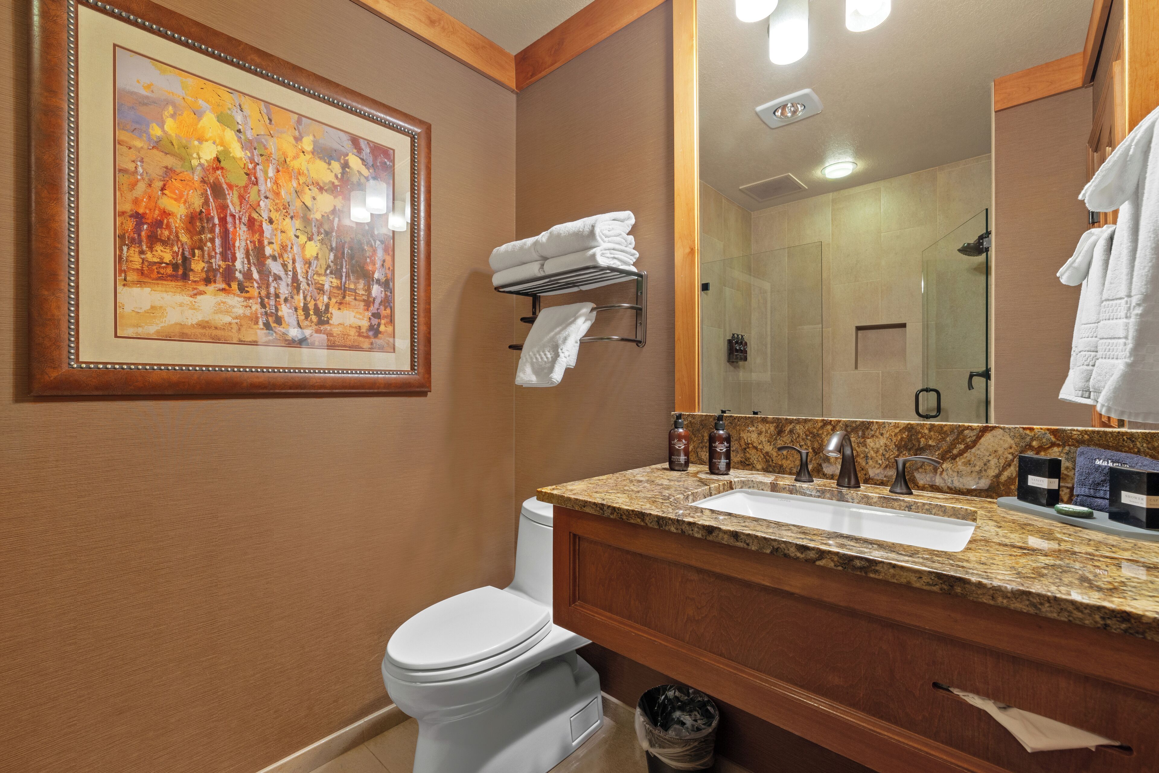A bathroom with a white toilet, a sink with a marble countertop, a mirror, and a framed painting on the wall.