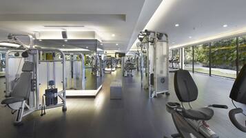 A modern gym with various exercise machines, a bench, and a large window offering a view of greenery.