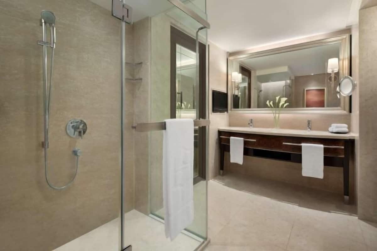 Bathroom | Shower, free toiletries, hair dryer, bathrobes