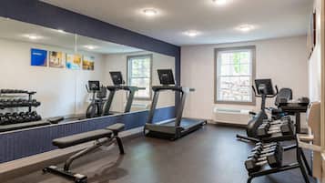 A gym with treadmills, dumbbells, and a bench.