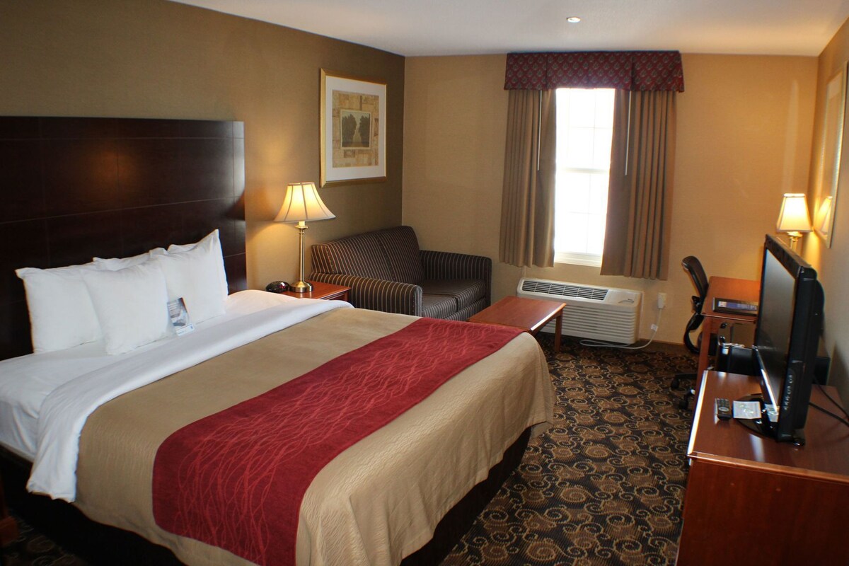 A hotel room with a large bed, a desk, a chair, a television, and a window with curtains.