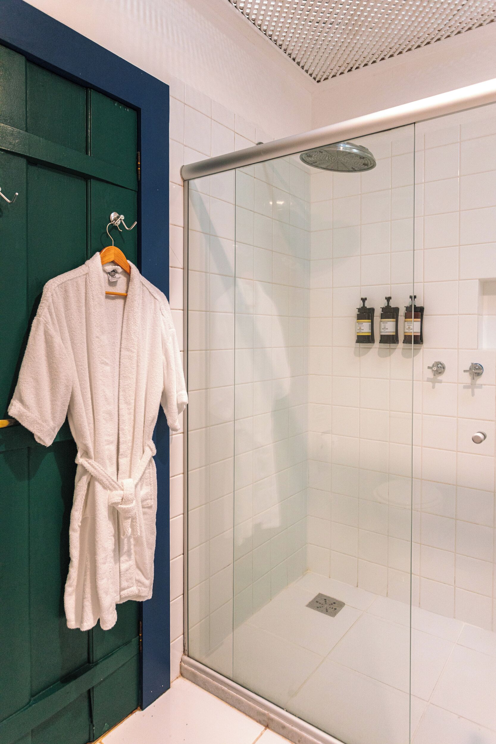 A glass-enclosed shower with a handheld showerhead, a towel rack with a white robe, and toiletries on the wall.