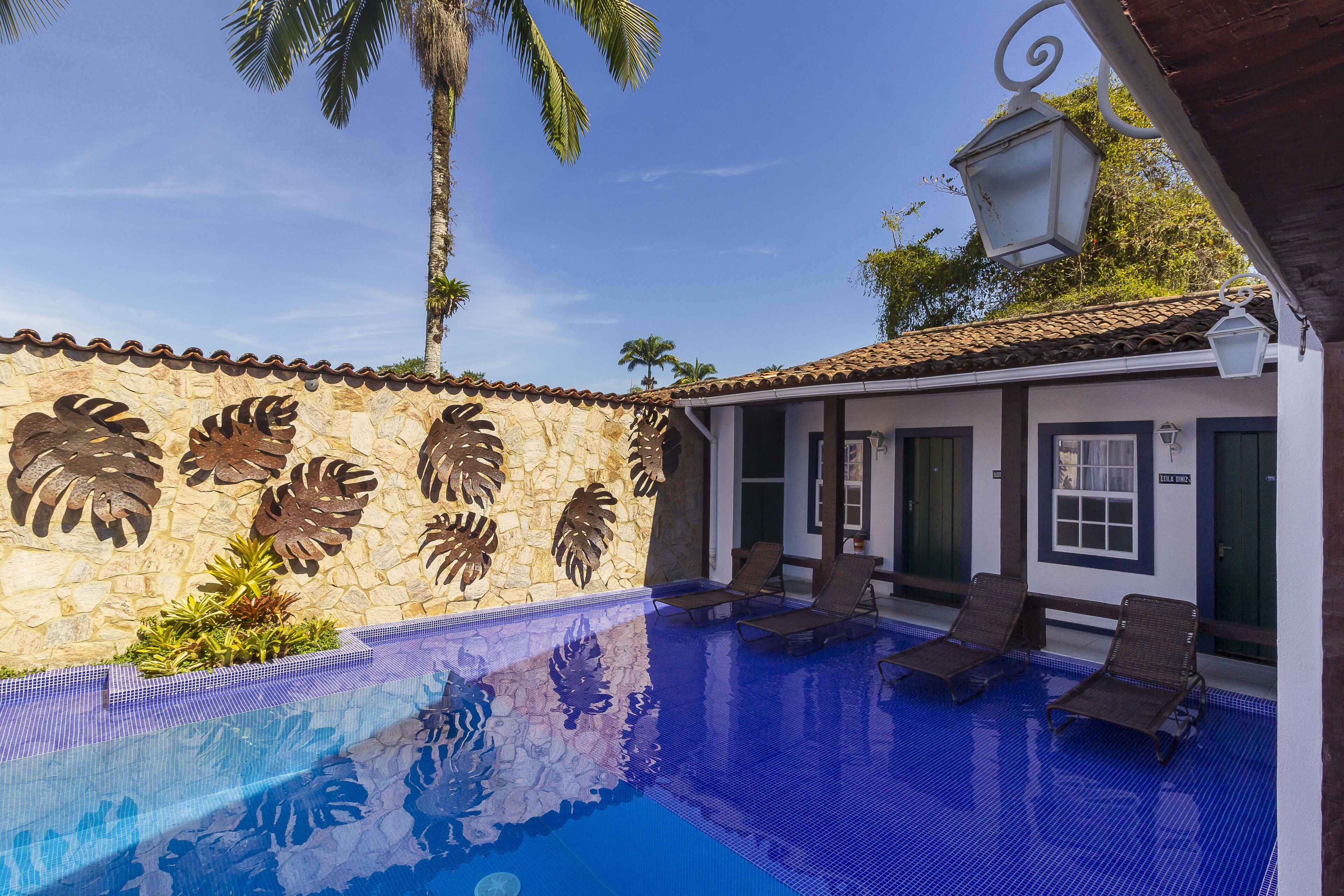 A swimming pool with lounge chairs, a stone wall with leaf patterns, and a palm tree.