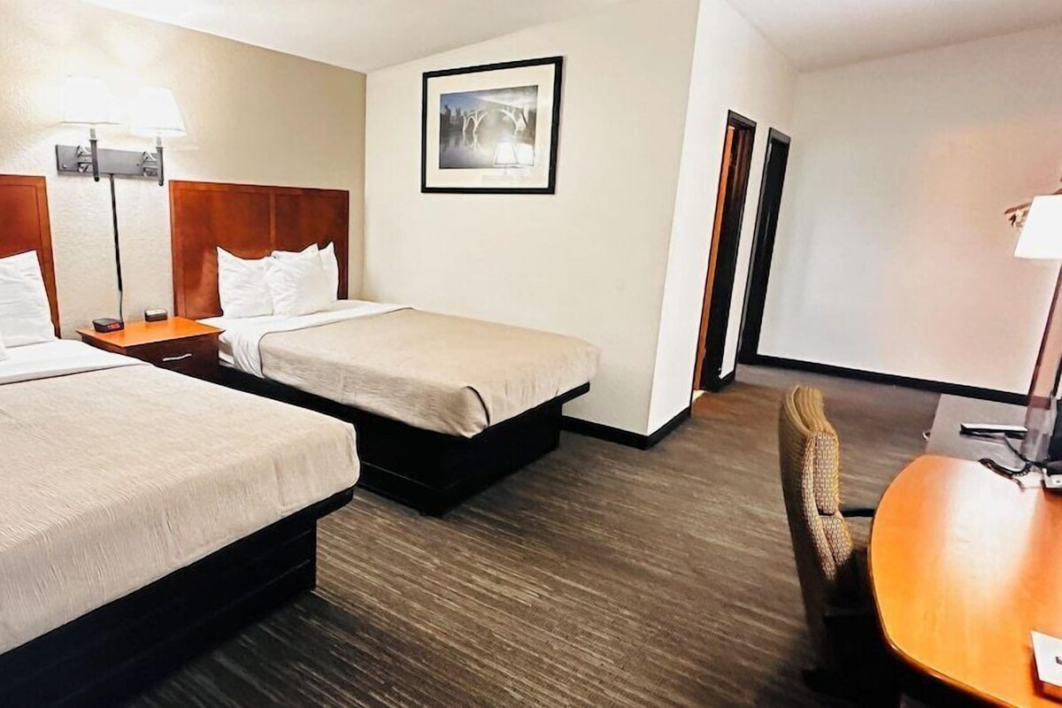 A hotel room with two beds, a desk, a chair, a lamp, and a framed picture on the wall.