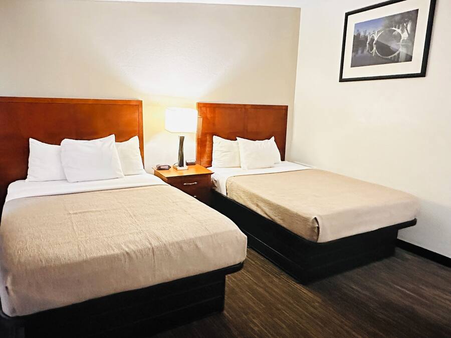 A hotel room with two beds, each with white linens and wooden headboards. There is a nightstand with a lamp between the beds.