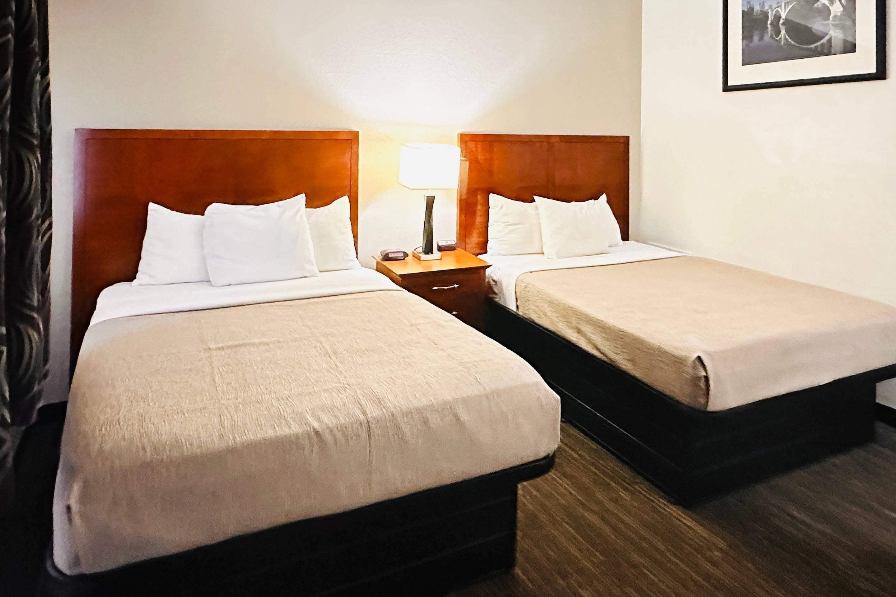 A hotel room with two beds, a nightstand with a lamp, and a framed picture on the wall.
