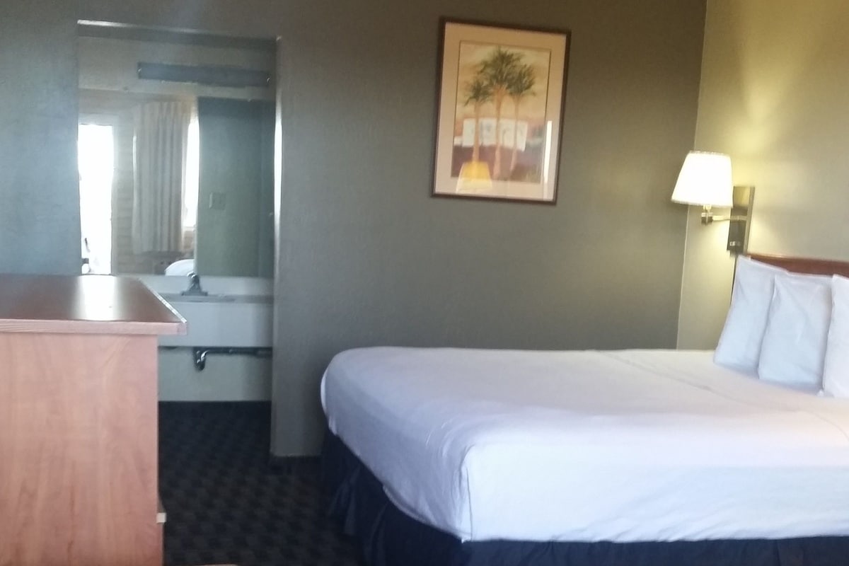 Una habitación de hotel con una cama, un escritorio, una silla, una lámpara y un cuadro en la pared.