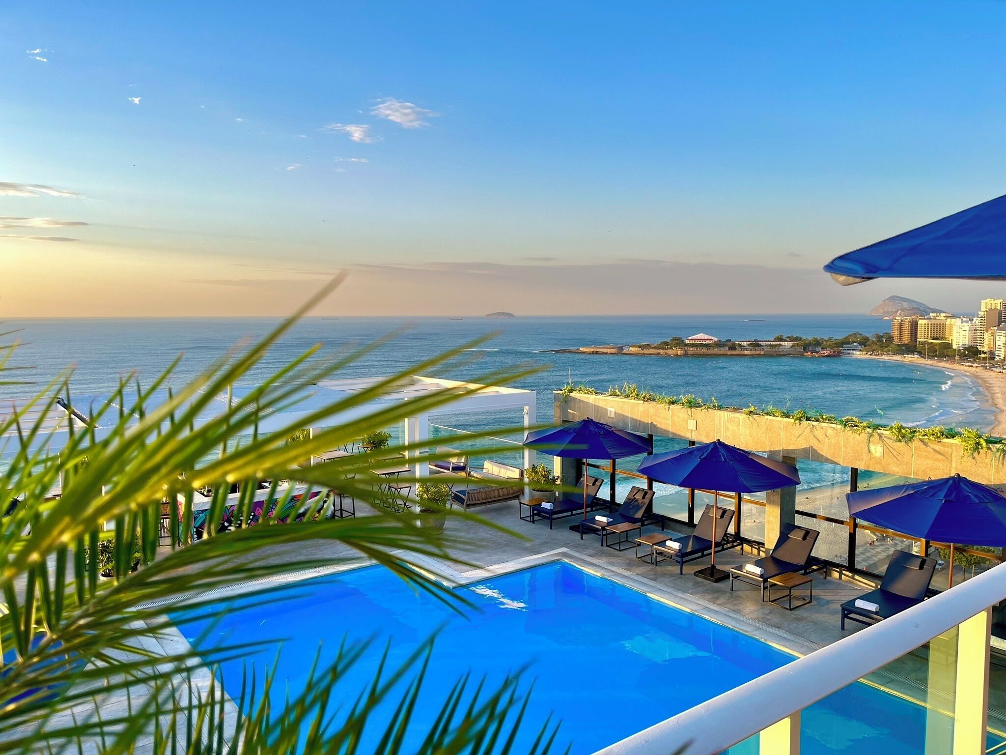 Outdoor pool, pool umbrellas, pool loungers