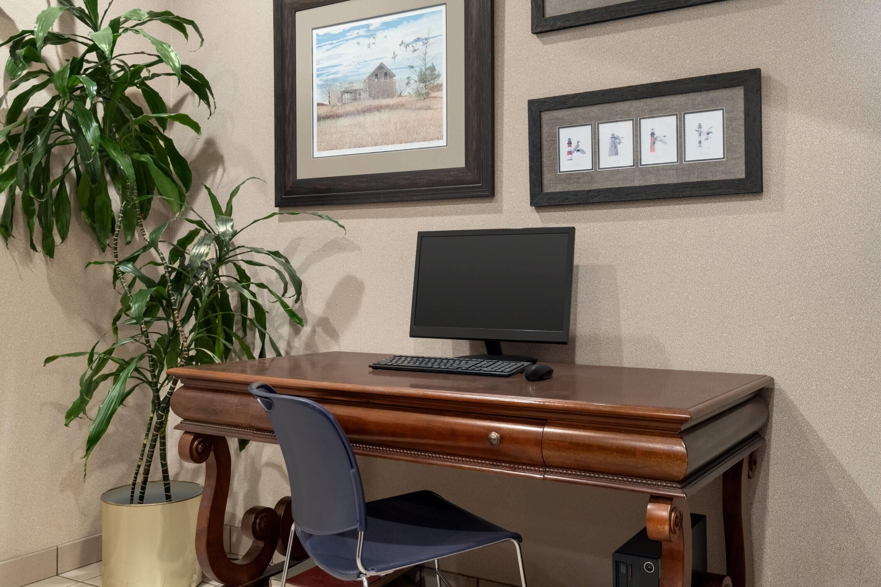 Een houten bureau met een computer, een stoel en een potplant.