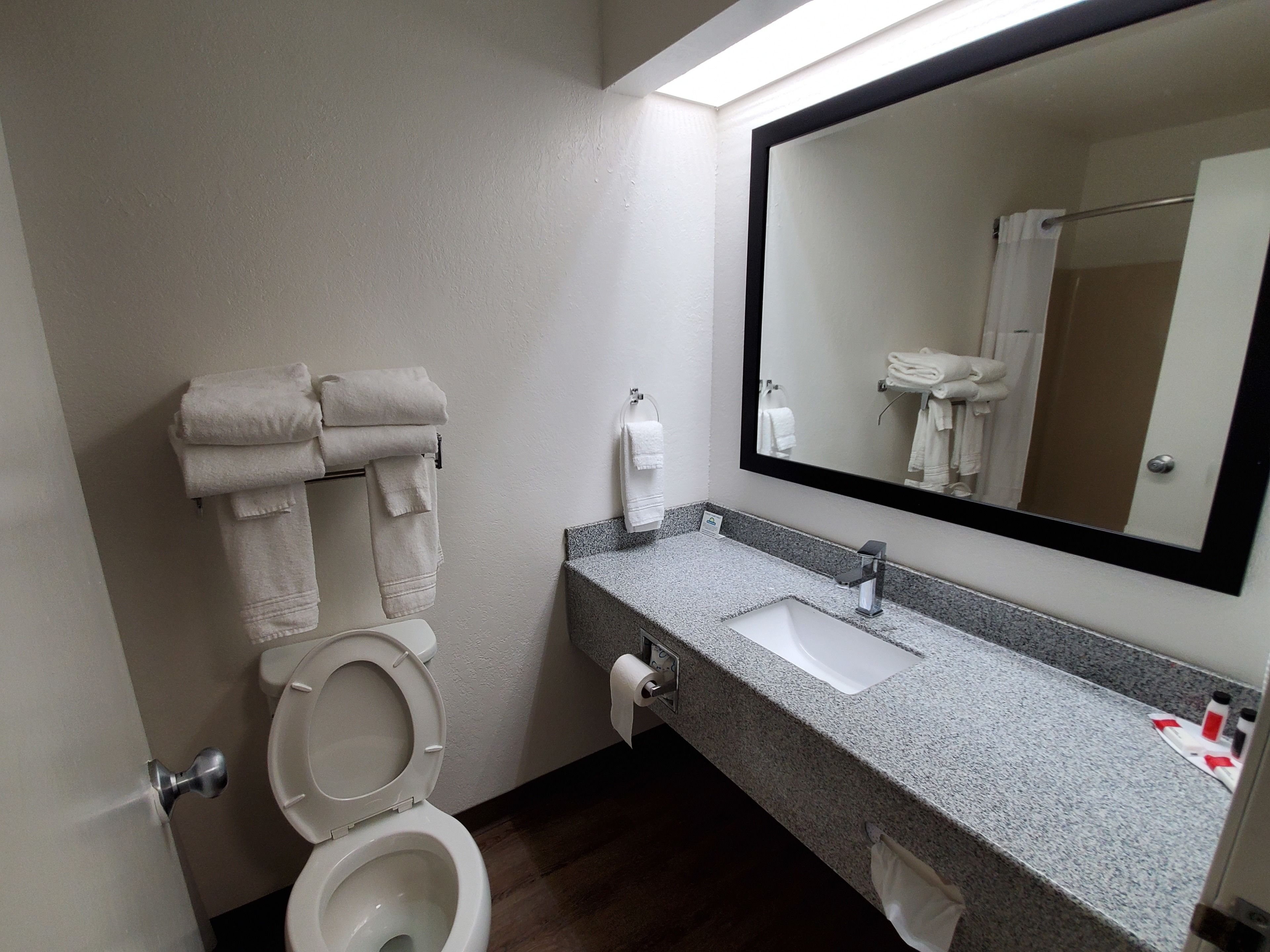 Un baño con inodoro, lavamanos y espejo. Hay toallas colgadas en la pared.