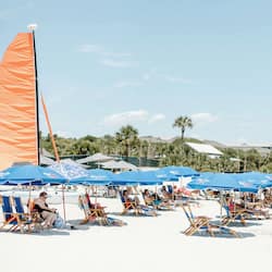 On the beach, white sand, beach volleyball, beach bar