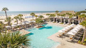 Outdoor pool, open 8:00 AM to midnight, pool umbrellas, sun loungers
