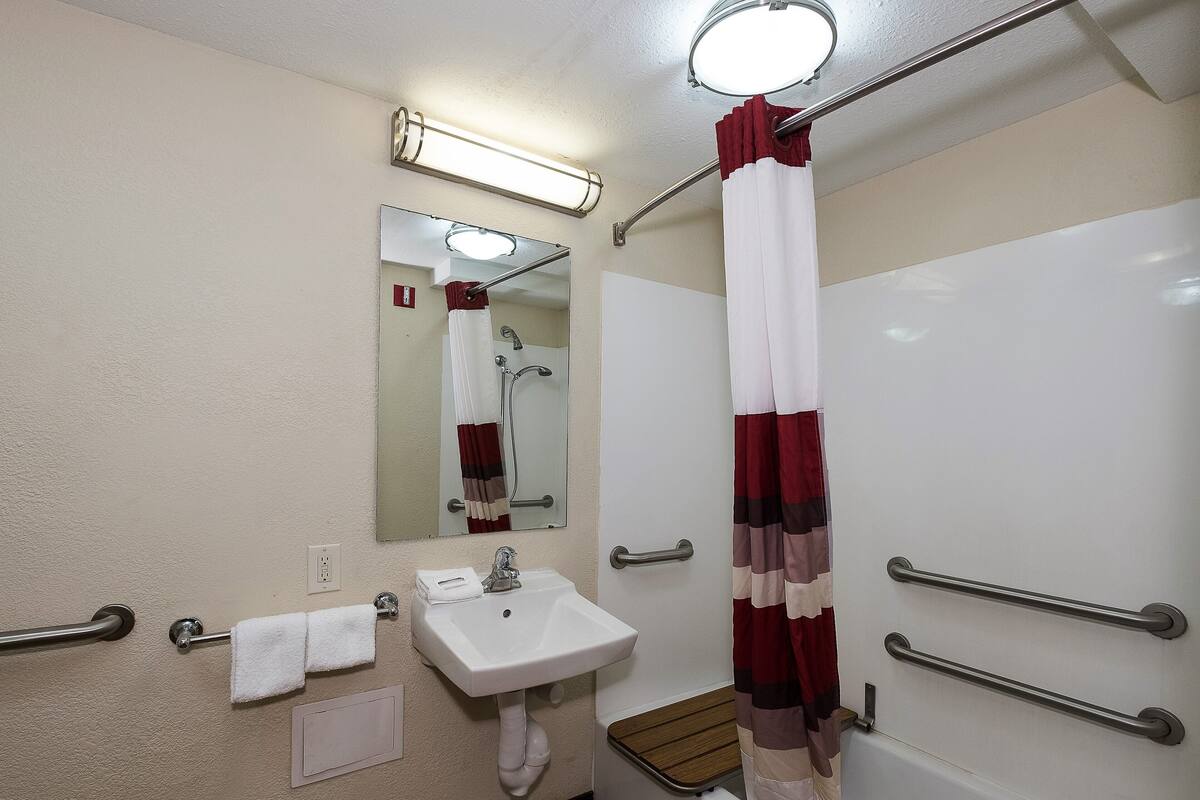 Une salle de bain avec un lavabo, un miroir et une douche.