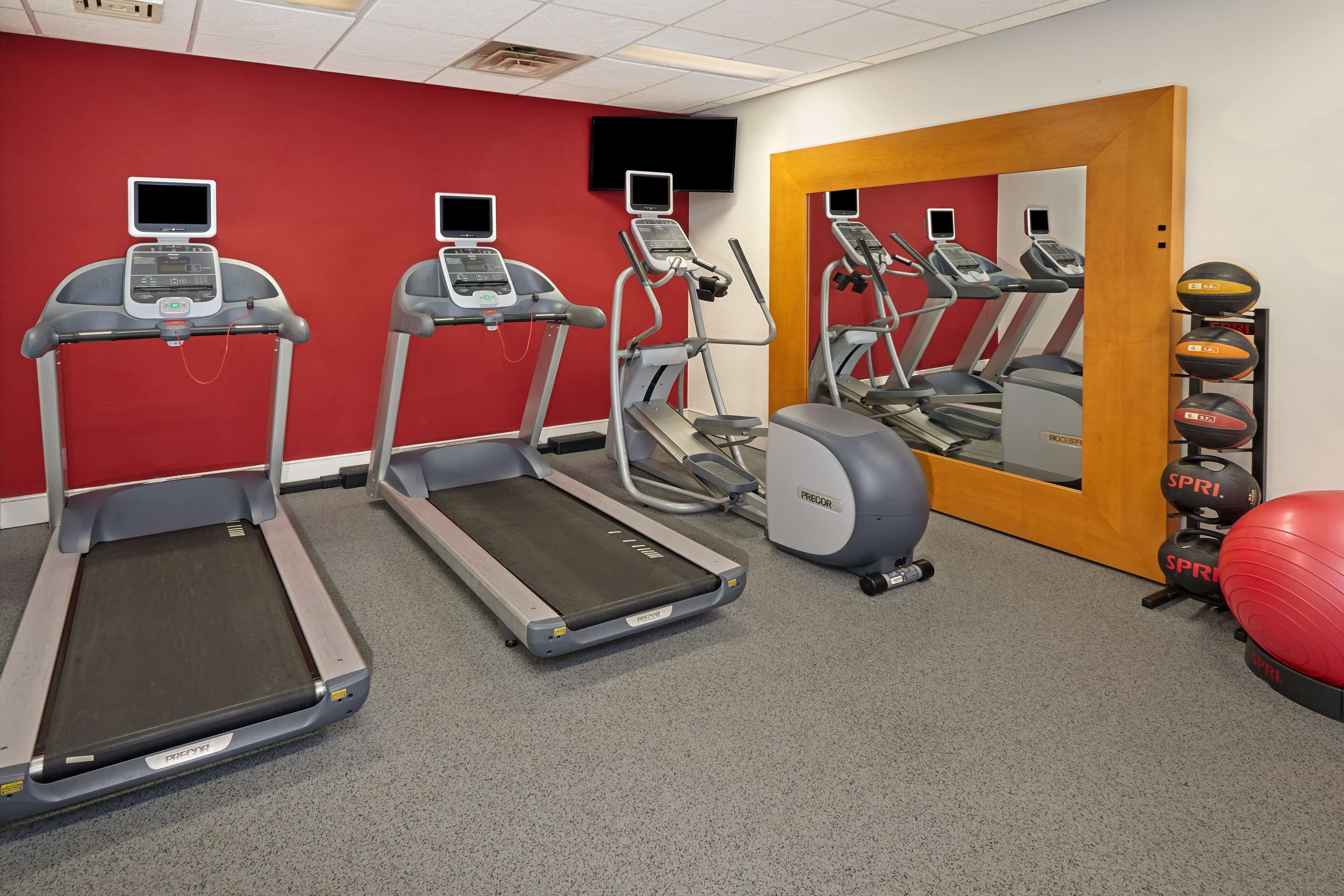 A gym with treadmills, a mirrored wall, and exercise balls.
