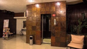 A reception area with a stone wall, an elevator, a trash bin, a chair, and a plant. - Ambassador (Mérida)