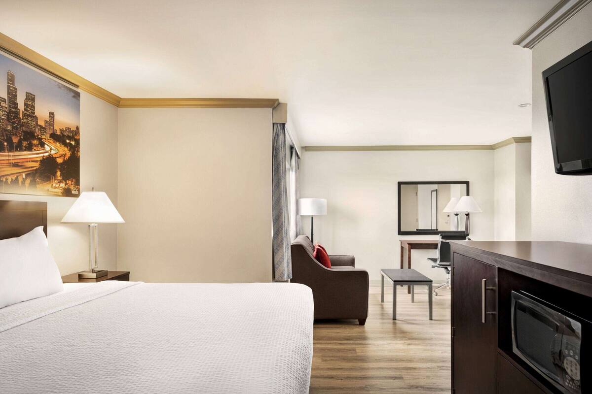 A hotel room with a bed, a desk, a chair, a TV, and a microwave.