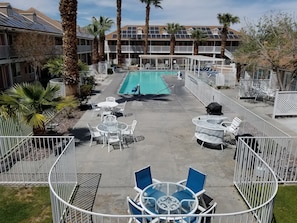 Outdoor pool, pool umbrellas, pool loungers