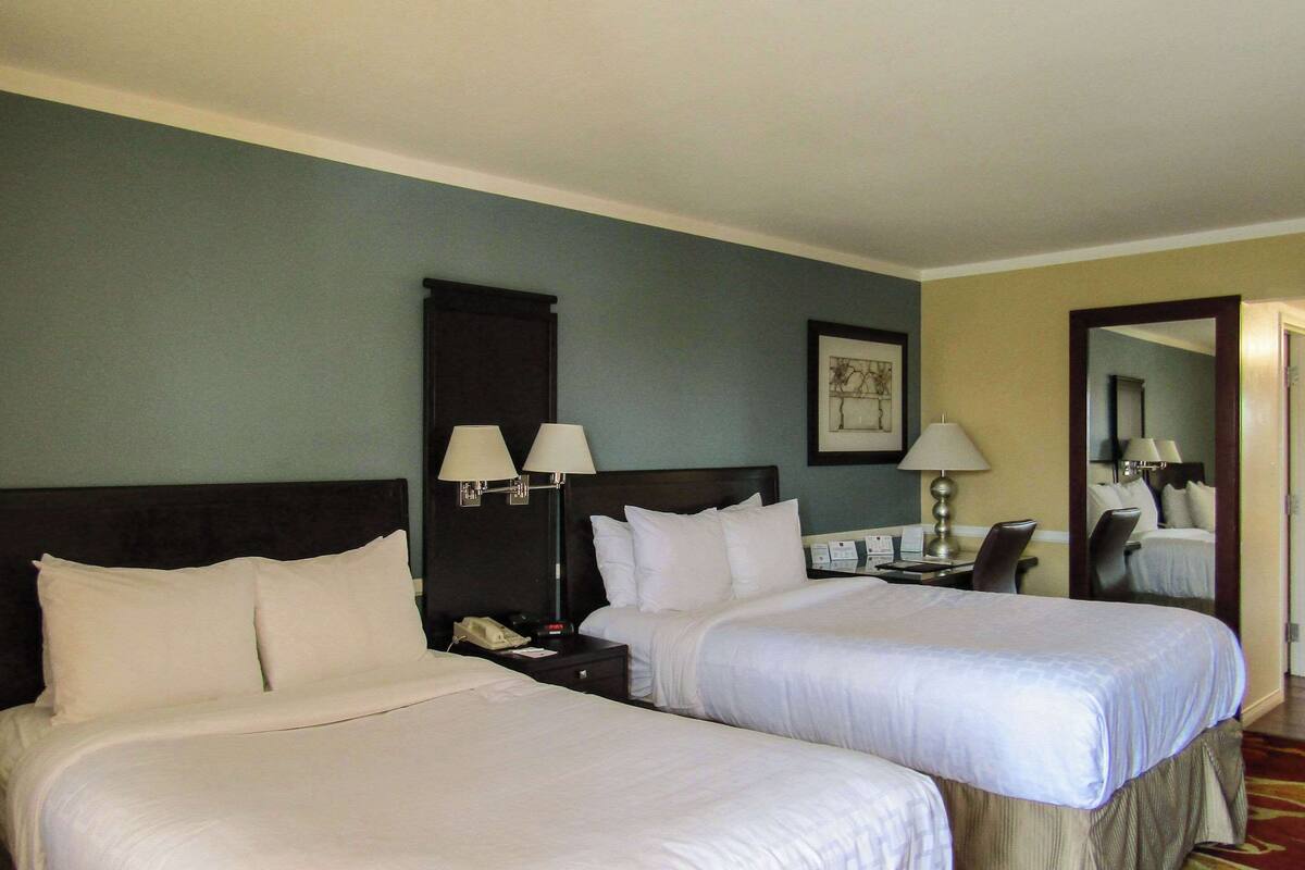 A hotel room with two beds, a nightstand, a lamp, and a mirror.