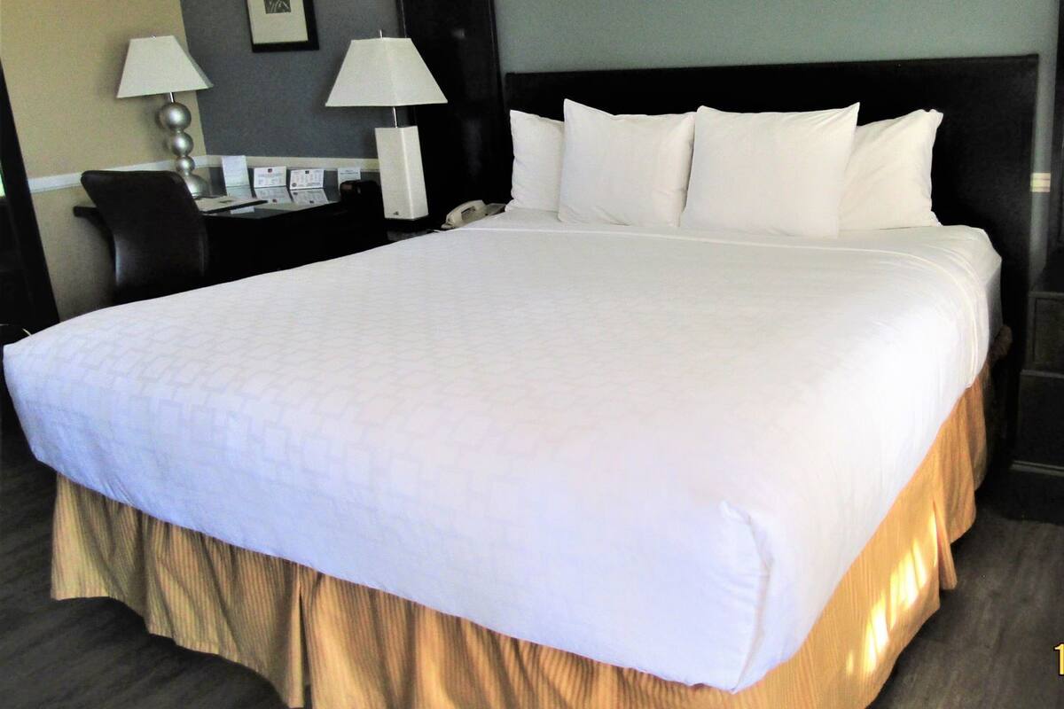A hotel room with a large bed, a desk with a lamp, a phone, and a framed picture on the wall.