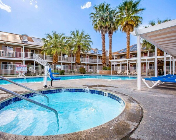 Outdoor pool, pool umbrellas, pool loungers