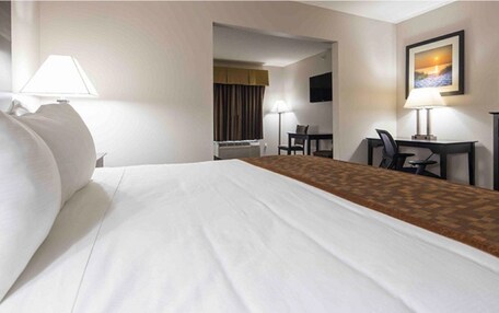 A hotel room with a large bed, a desk, a chair, a television, and a picture on the wall.